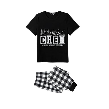Black and White Plaid Short Sleeve Christmas Family Pajamas Set With "Christmas Crew Making Memories Together" Print