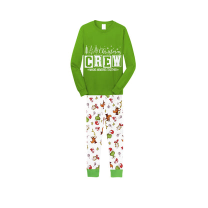 Christmas Family Matching Pajamas-Green Top and Grinch Pants Pjs Set with "Christmas Crew Making Memories Together" Print