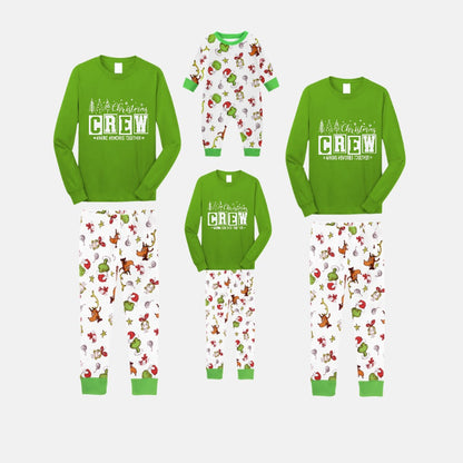 Christmas Family Matching Pajamas-Green Top and Grinch Pants Pjs Set with "Christmas Crew Making Memories Together" Print