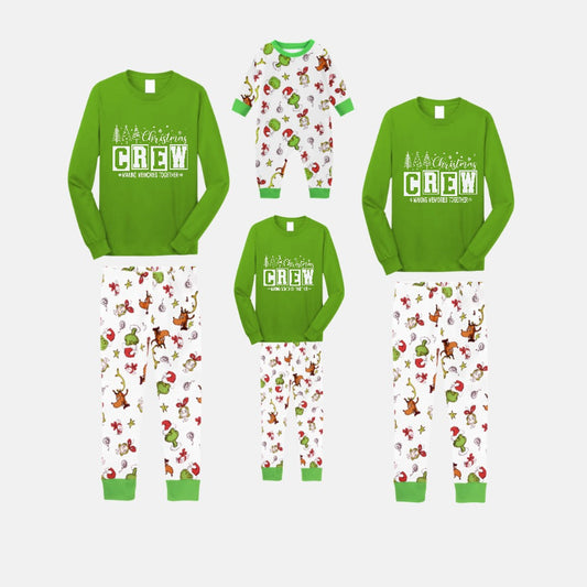 Christmas Family Matching Pajamas-Green Top and Grinch Pants Pjs Set with "Christmas Crew Making Memories Together" Print