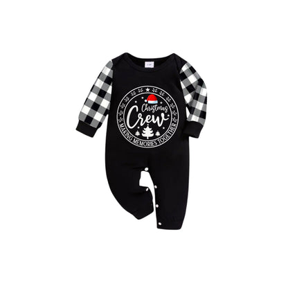 Black and White Plaid Short Sleeve Christmas Family Pajamas Set With Santa Hat and "Christmas Crew Making Memories Together" Print