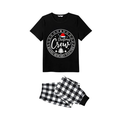 Black and White Plaid Short Sleeve Christmas Family Pajamas Set With Santa Hat and "Christmas Crew Making Memories Together" Print