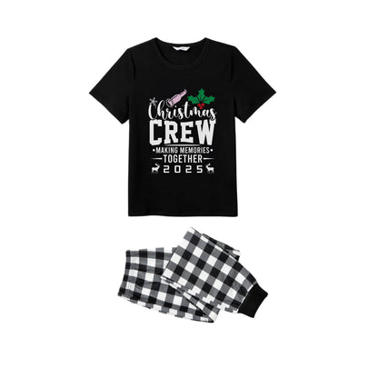 Black and White Plaid Short Sleeve Christmas Family Pajamas Set With "Christmas Crew Making Memories Together 2025" Print