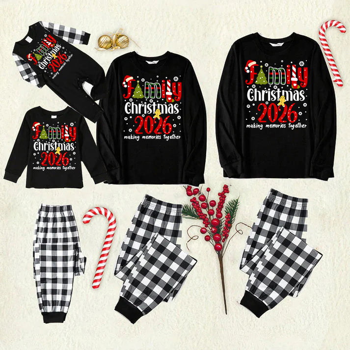 Cute "Family Christmas 2026" Text Print Black and White Plaid Family Matching Pajamas