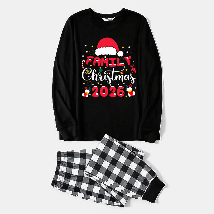"2026 Family Christmas" Text and Christmas Pattern Black and White Plaid Family Matching Pajamas