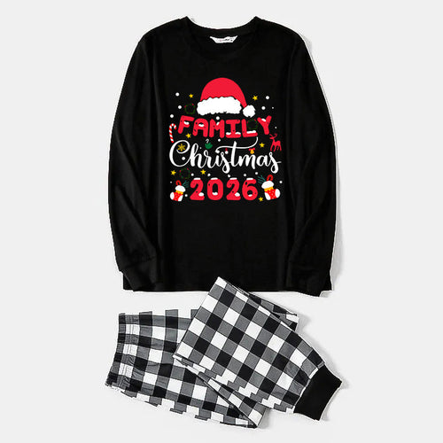 "2026 Family Christmas" Text and Christmas Pattern Black and White Plaid Family Matching Pajamas
