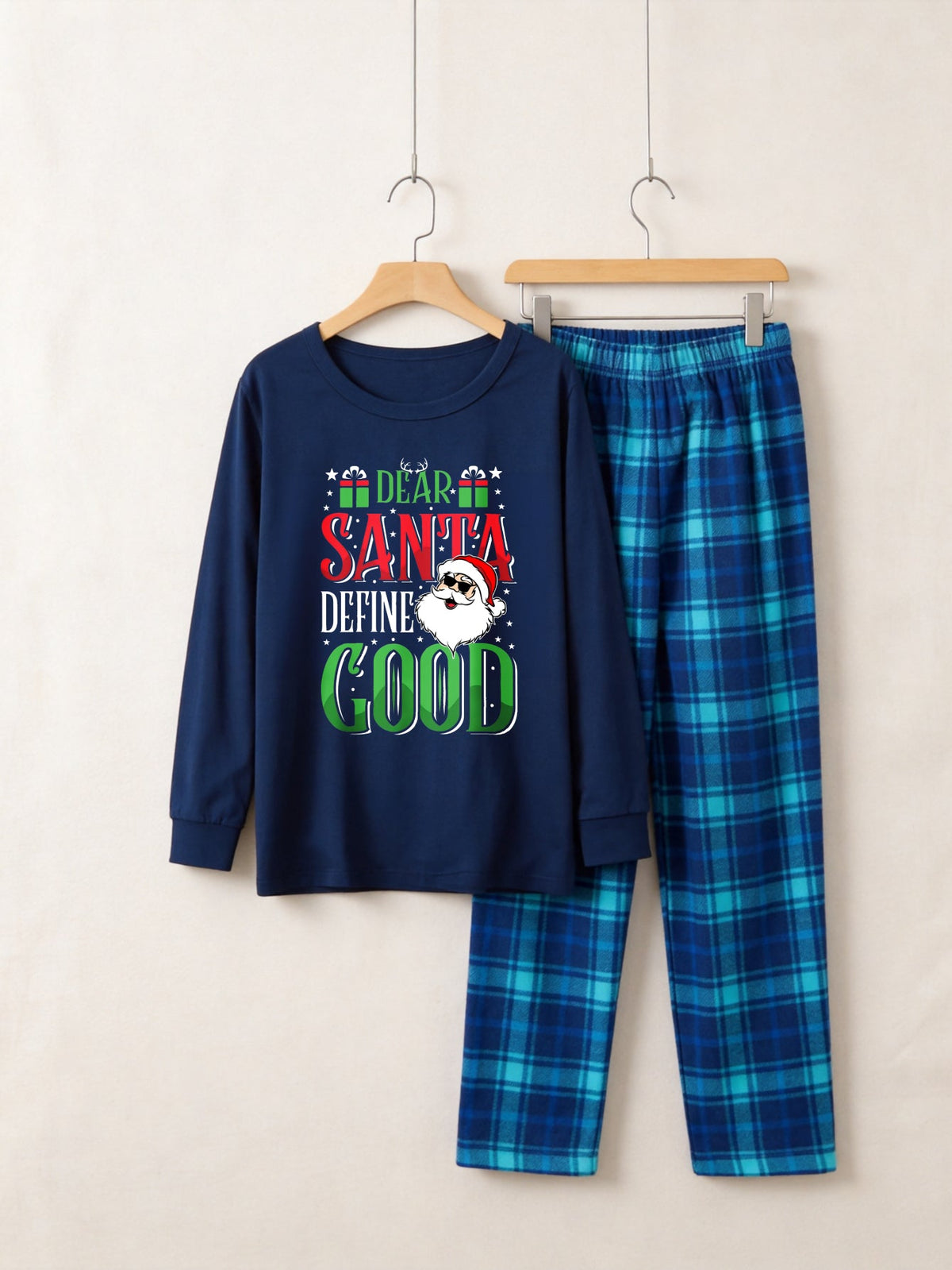 "Dear Santa Define Good" Slogan Printed Blue Plaid Family Matching Pajamas