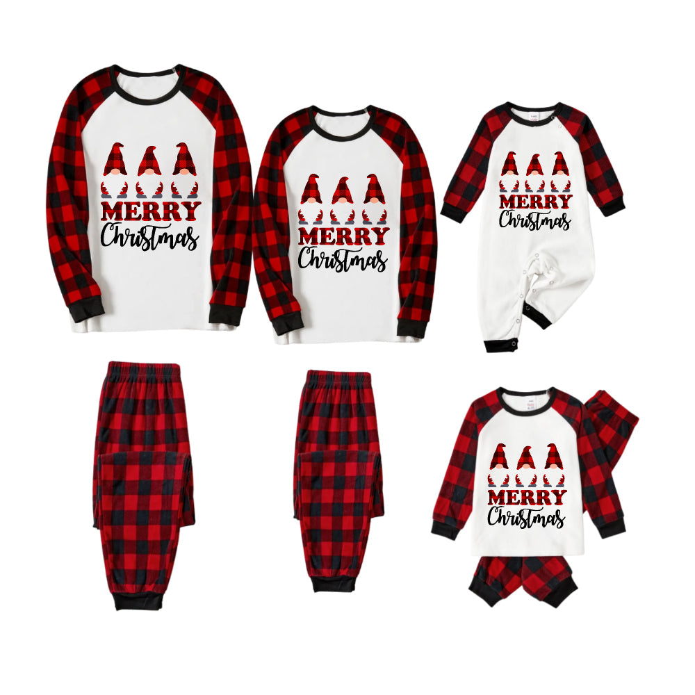 MERRY Christmas Letters And Santa Hat Printed White Long Sleeve Top with Red & Black Plaid Pants Family Pajamas