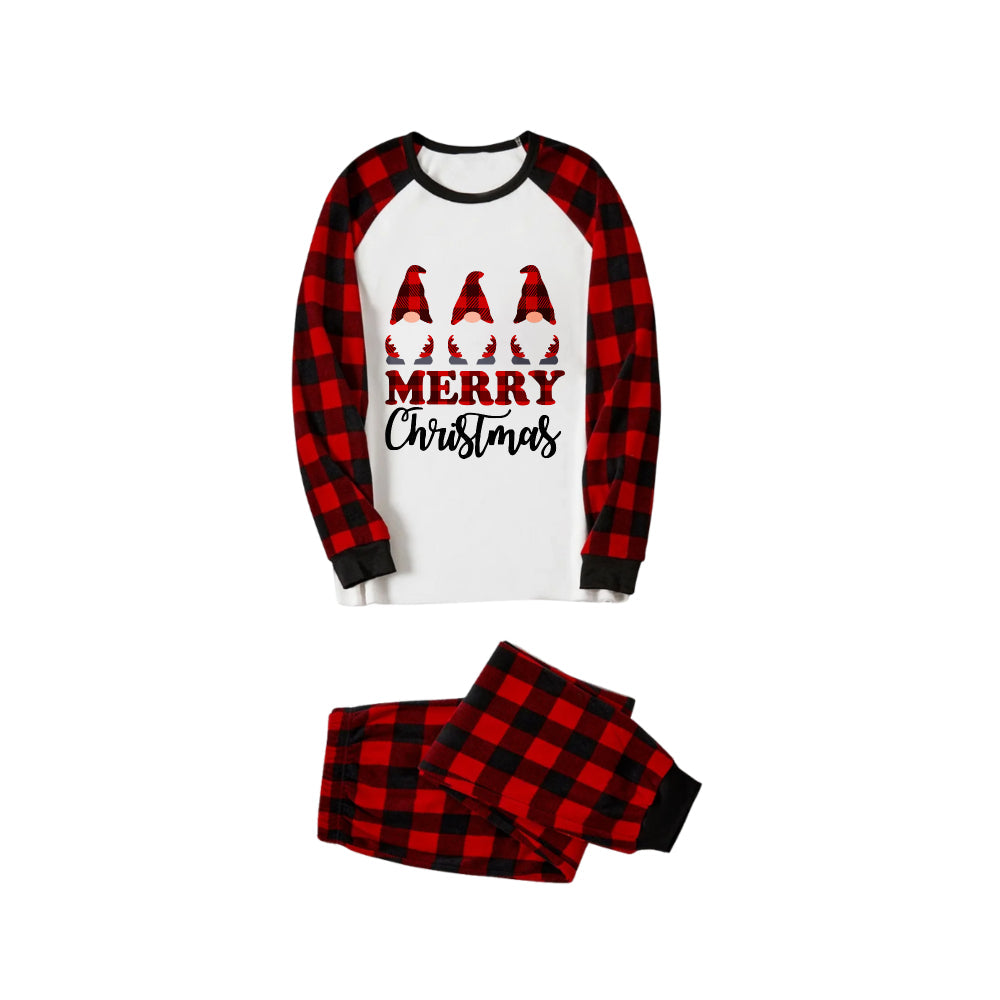 MERRY Christmas Letters And Santa Hat Printed White Long Sleeve Top with Red & Black Plaid Pants Family Pajamas