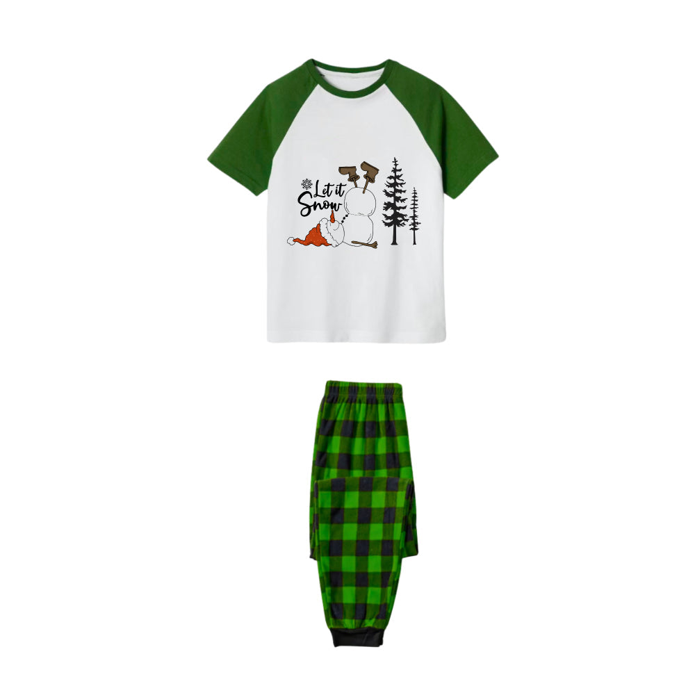 "Let it Snow" Pajamas Set - White Top Green Sleeves Green Plaid Pants Christmas Snowman Graphic