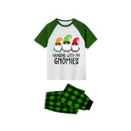 Hanging With My Gnomies Pajamas Set - White Top Green Sleeves Green Plaid Pants Cute Gnomes Graphic