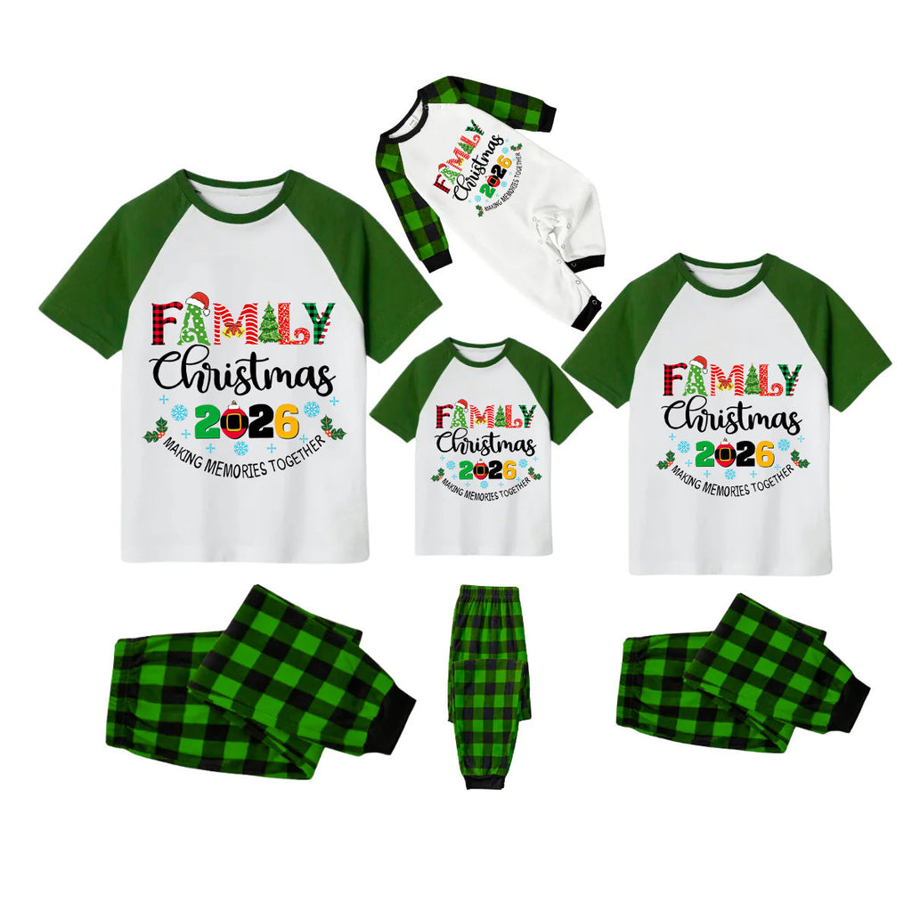 Family Christmas 2026 Making Memories Together Pajamas Set - White Top Green Sleeves Green Plaid Pants Multi-Color Text Graphic