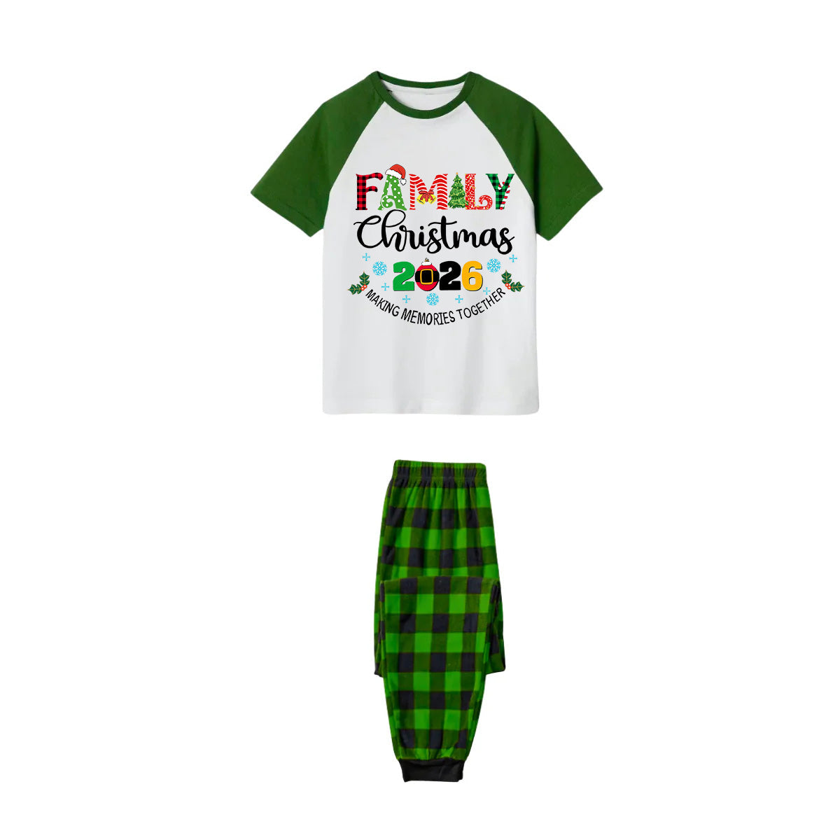 Family Christmas 2026 Making Memories Together Pajamas Set - White Top Green Sleeves Green Plaid Pants Multi-Color Text Graphic