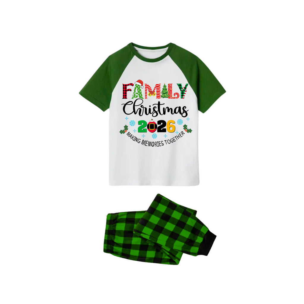 Family Christmas 2026 Making Memories Together Pajamas Set - White Top Green Sleeves Green Plaid Pants Multi-Color Text Graphic