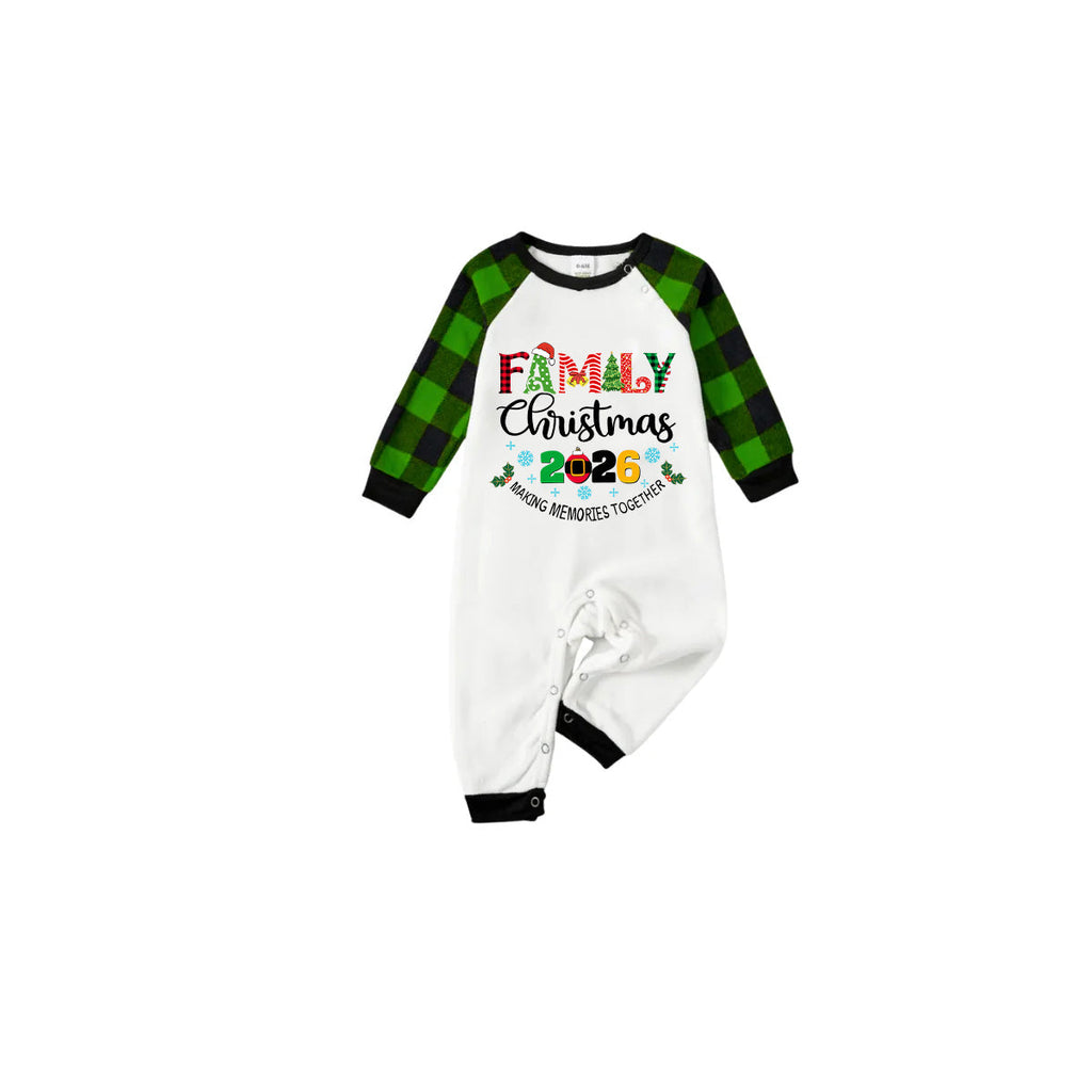 Family Christmas 2026 Making Memories Together Pajamas Set - White Top Green Sleeves Green Plaid Pants Multi-Color Text Graphic