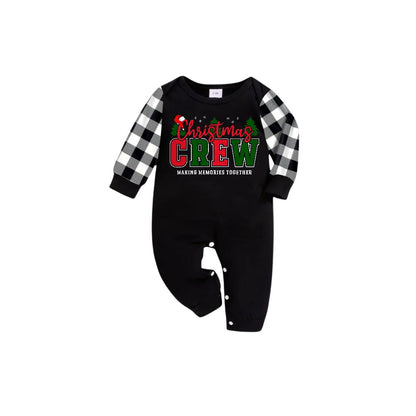 Black and White Plaid Short Sleeve Christmas Family Pajamas Set With Colorful "Christmas Crew Making Memories Together" Print