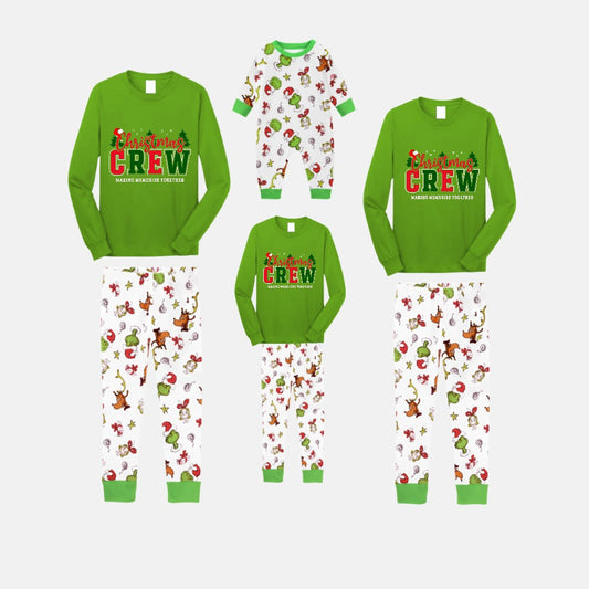 Christmas Family Matching Pajamas-Green Top and Grinch Pants Pjs Set with "Christmas Crew Making Memories Together" Slogan Print