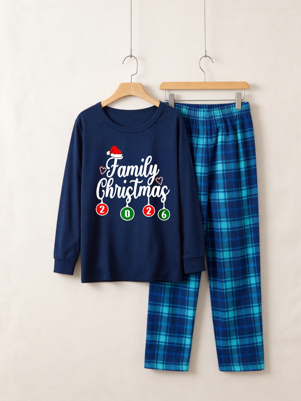 "Family Christmas 2026" Letter Printed Blue Long Sleeve Top With Blue Plaid Family Matching Pajamas