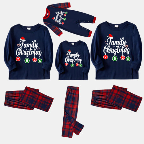"Family Christmas 2026" Letter Printed Red and Blue Plaid Christmas Matching Pajamas