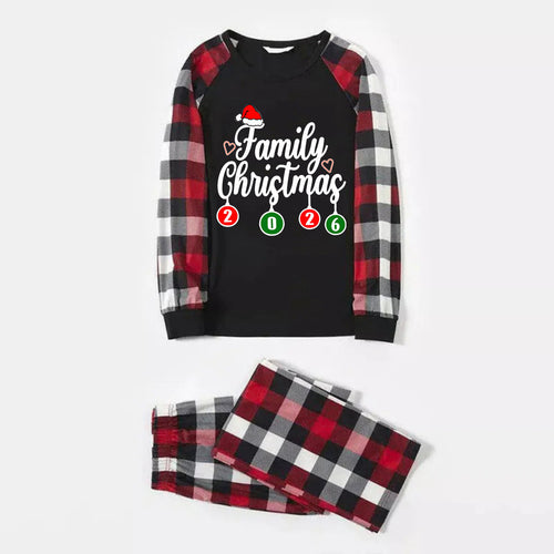 "Family Christmas" 2026 Letter Print Red & Black & Grey & White Plaid Family Matching Pajamas
