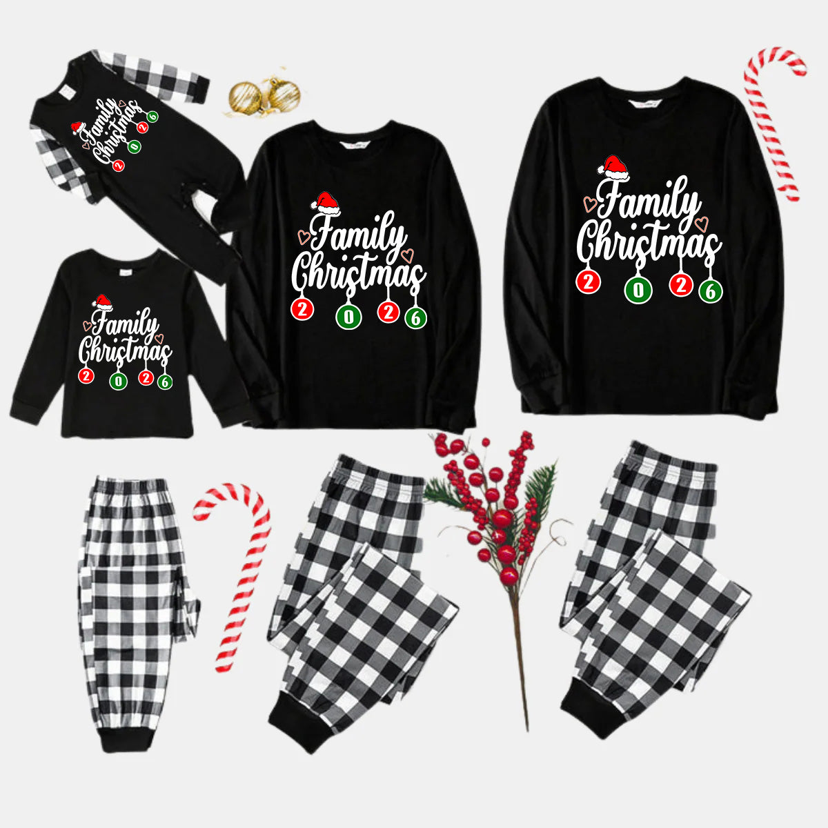 "Family Christmas" 2026 Black Long Sleeve Top with Black And White Plaid Pants Family Matching Pajamas