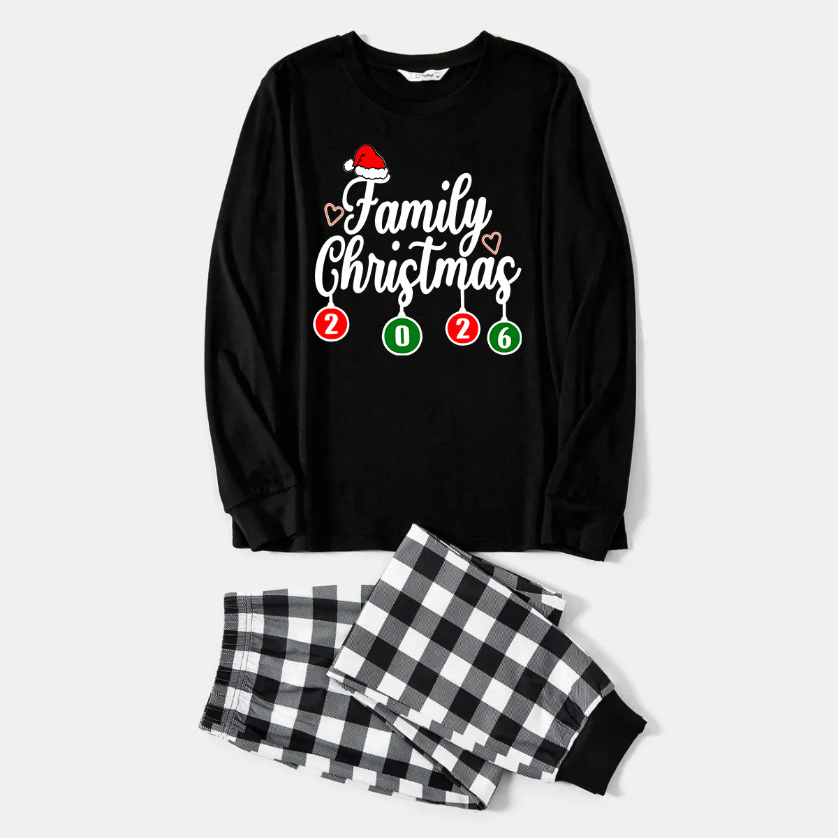 "Family Christmas" 2026 Black Long Sleeve Top with Black And White Plaid Pants Family Matching Pajamas