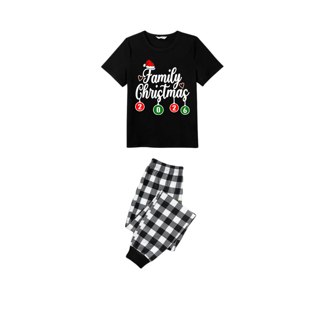 Make Christmas Great Again Family Pajamas Set - Black Top Black and White Plaid Pants Santa Claus Graphic