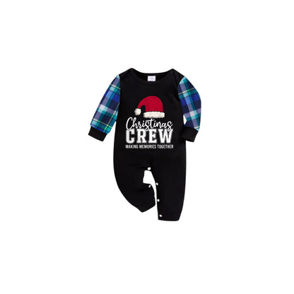 Blue and Green Plaid Christmas Pajamas Set With Santa Hat and "Christmas CREW" Print