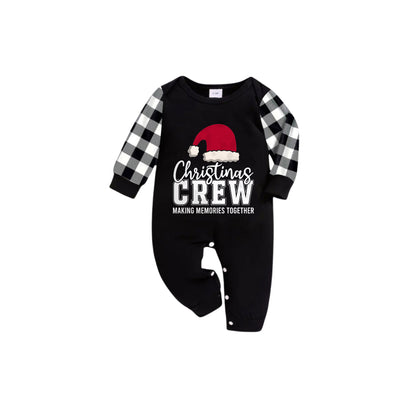 Black and White Plaid Short Sleeve Christmas Family Pajamas Set With Santa Hat and Text Print