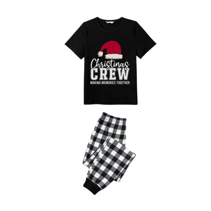 Black and White Plaid Short Sleeve Christmas Family Pajamas Set With Santa Hat and Text Print