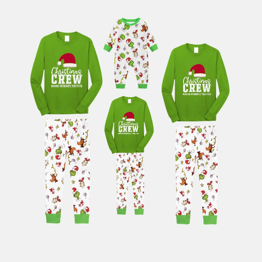 Christmas Family Matching Pajamas-Green Top and Grinch Pants Pjs Set with "Christmas Crew Making Memories Together" and Santa Hat Pattern Print