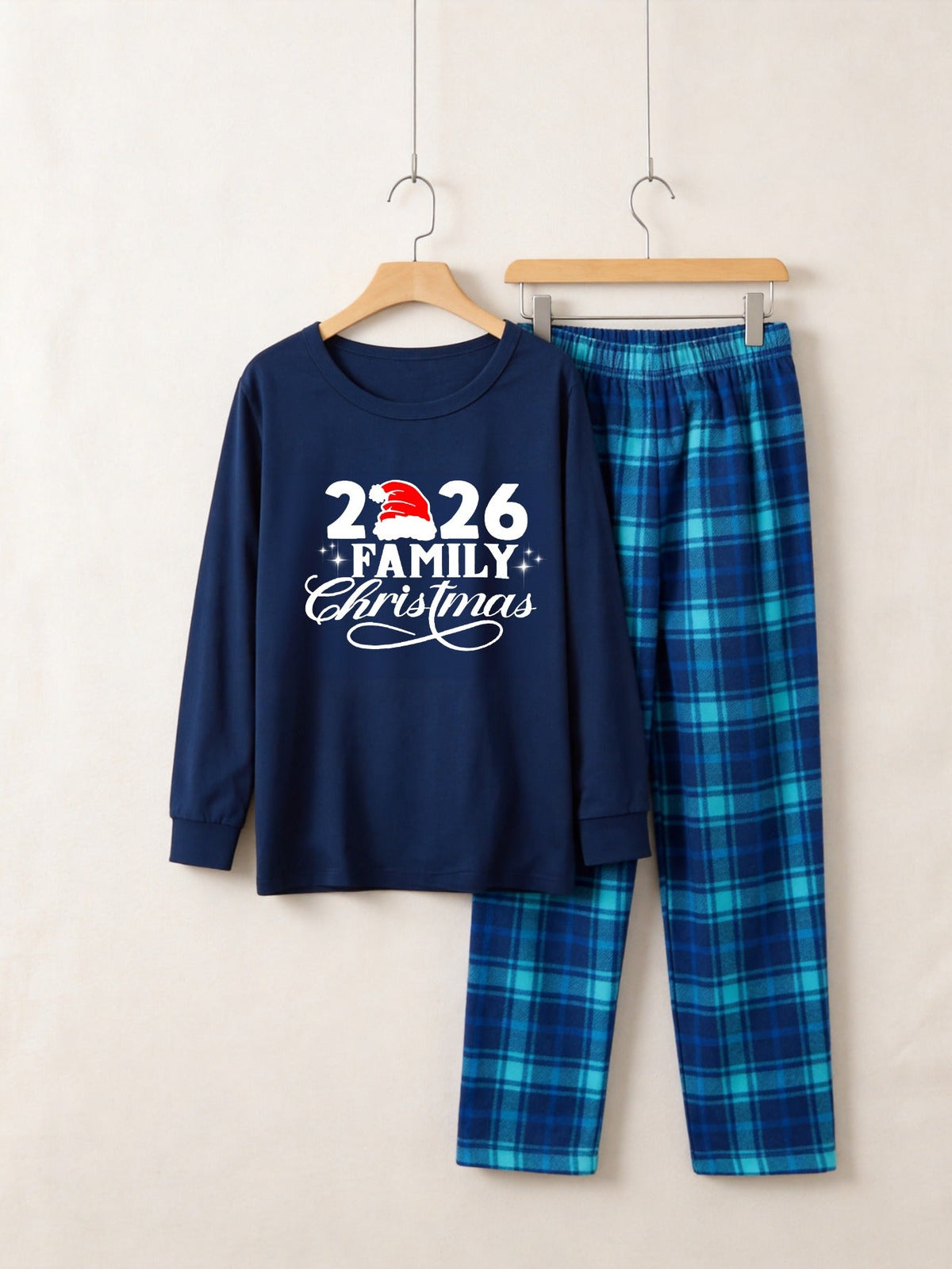 "2026 Family Christmas" Text Print Blue Plaid Christmas Matching Pajamas