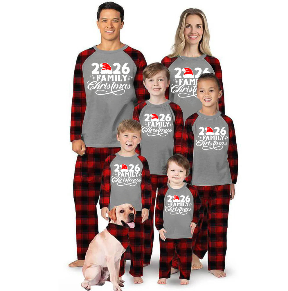 "2026 Family Christmas" Letter Print Black & Red Plaid Family Matching Grey Pajamas With Dog bandana