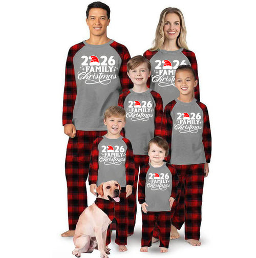 "2026 Family Christmas" Letter Print Black & Red Plaid Family Matching Grey Pajamas With Dog bandana