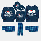 "2026 Family Christmas" Text Print Blue Plaid Christmas Matching Pajamas