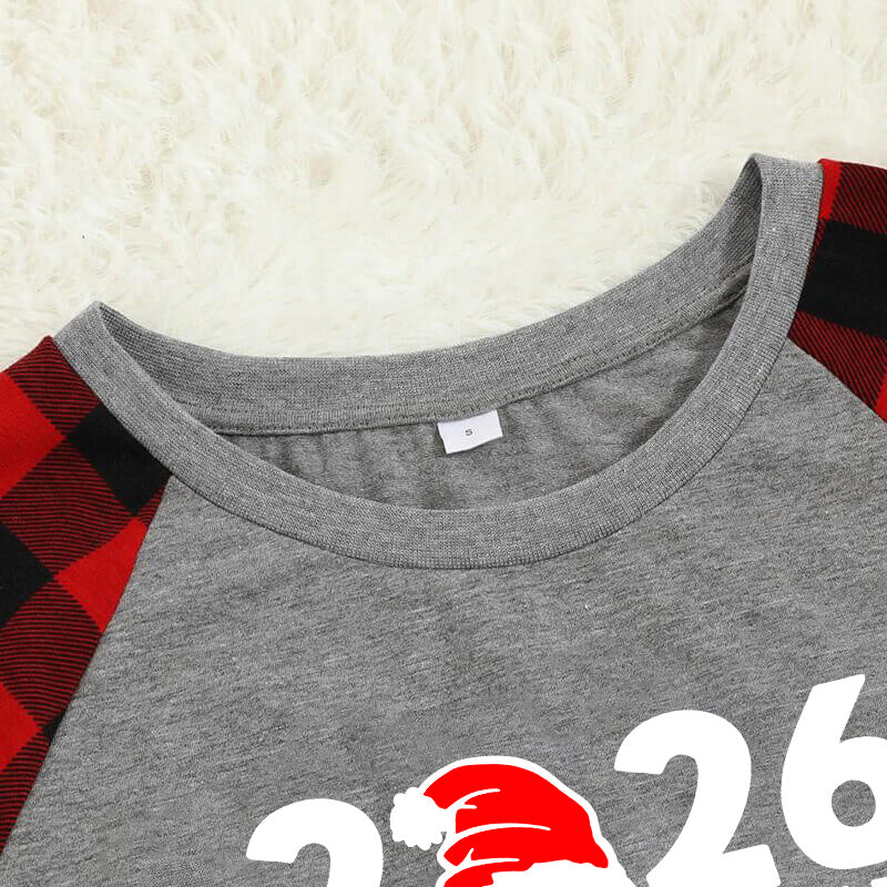 "2026 Family Christmas" Letter Print Black & Red Plaid Family Matching Grey Pajamas With Dog bandana