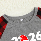 "2026 Family Christmas" Letter Print Black & Red Plaid Family Matching Grey Pajamas With Dog bandana