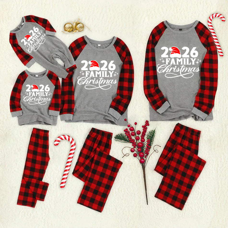 "2026 Family Christmas" Letter Print Black & Red Plaid Family Matching Grey Pajamas With Dog bandana