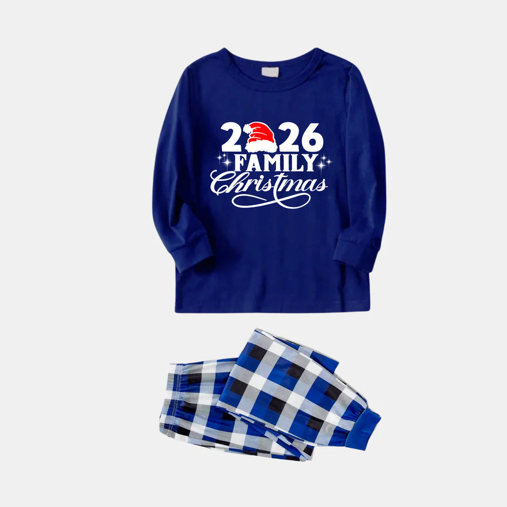 "2026 Family Christmas" Text Print Blue Long Sleeves with Blue&White&Black Plaid Pants Family Matching Pajamas