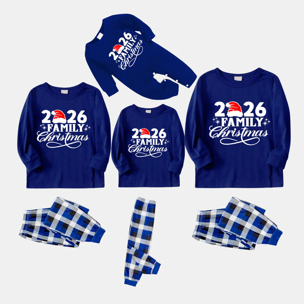 "2026 Family Christmas" Text Print Blue Long Sleeves with Blue&White&Black Plaid Pants Family Matching Pajamas