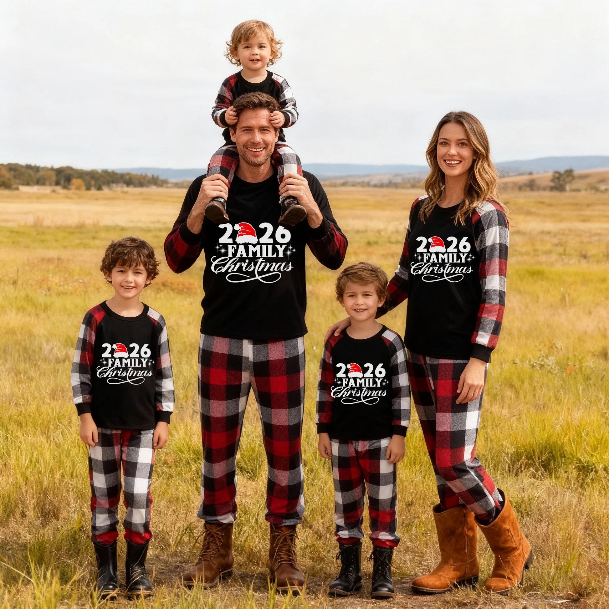 "2026 Family Christmas" Letter Print Red & Black & Grey & White Plaid Family Matching Pajamas