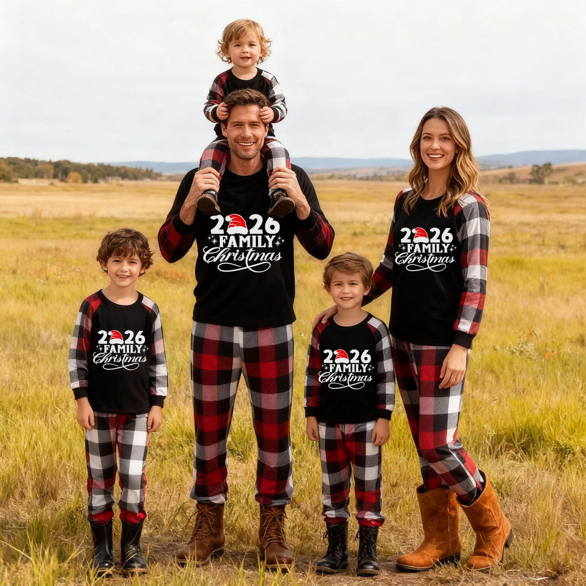 "2026 Family Christmas" Letter Print Red & Black & Grey & White Plaid Family Matching Pajamas