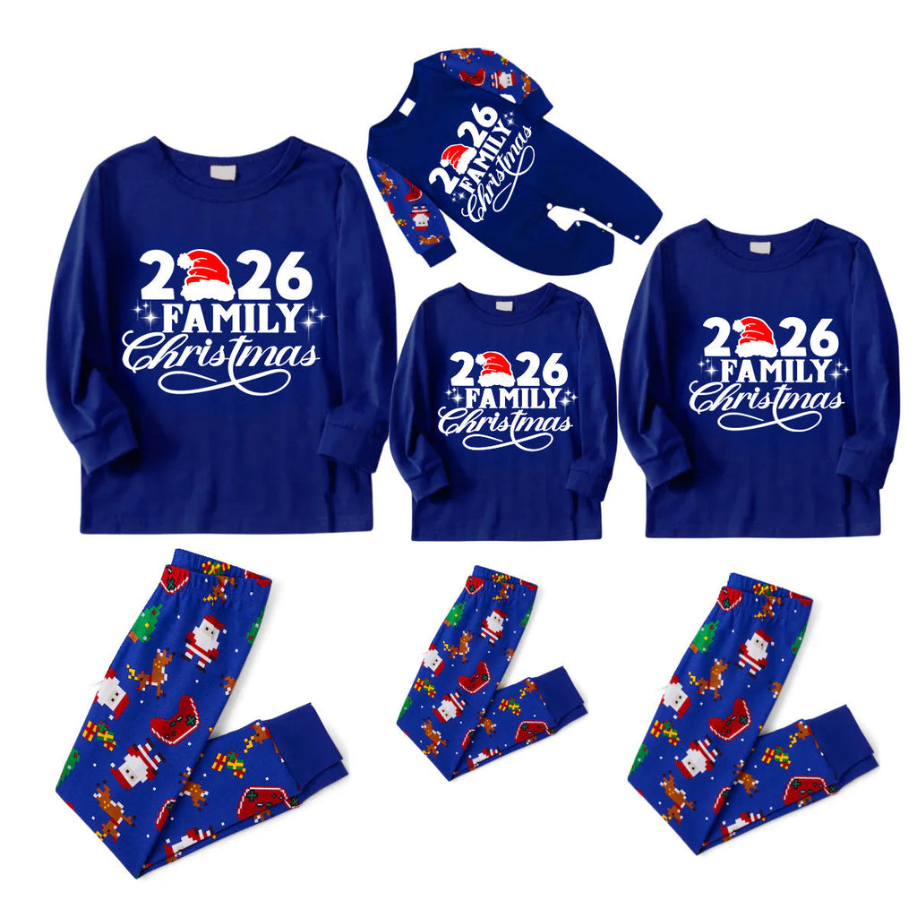 Christmas 2026 Santa Print Family Matching Family Pajamas Set - Blue Top, Blue Pants, Santa Pattern