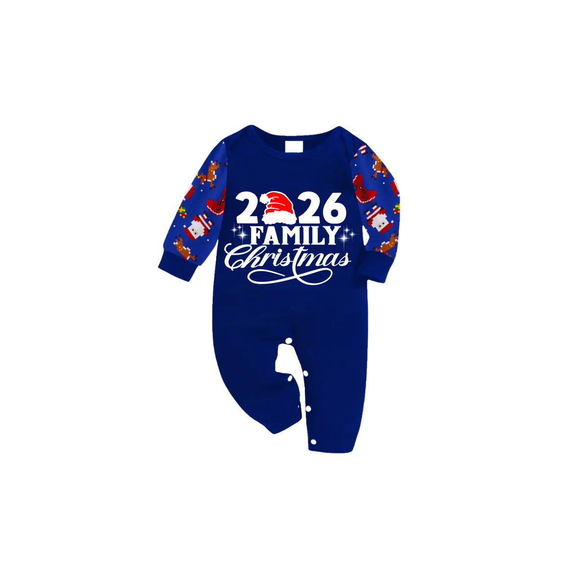 Christmas 2026 Santa Print Family Matching Family Pajamas Set - Blue Top, Blue Pants, Santa Pattern