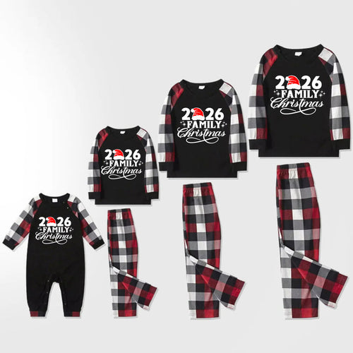 "2026 Family Christmas" Letter Print Red & Black & Grey & White Plaid Family Matching Pajamas