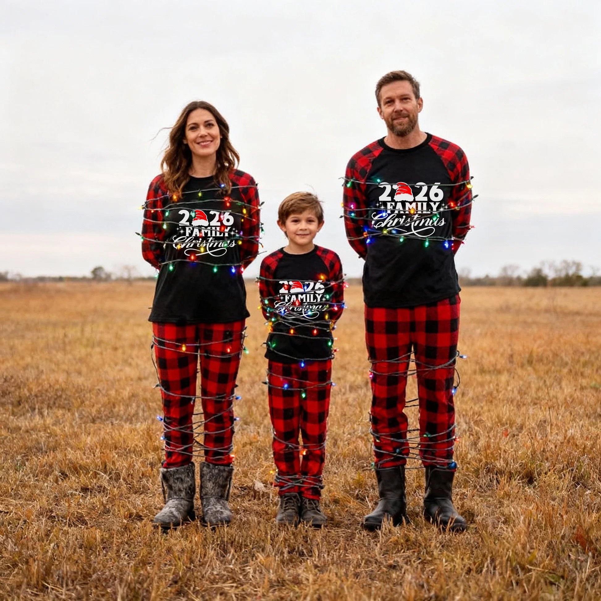 "2026 Family Christmas" Letter Print Black & Red Plaid Family Matching Black Pajamas