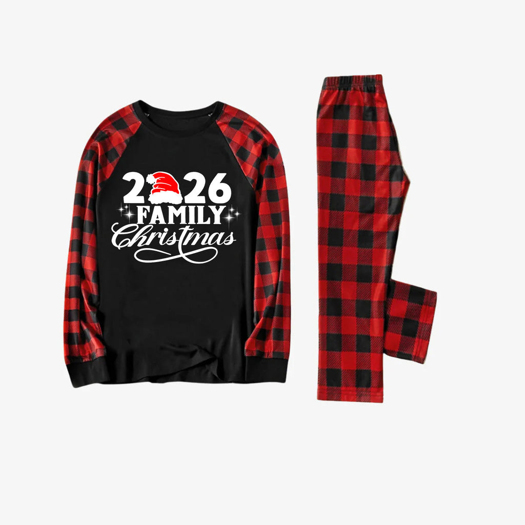"2026 Family Christmas" Letter Print Black & Red Plaid Family Matching Black Pajamas