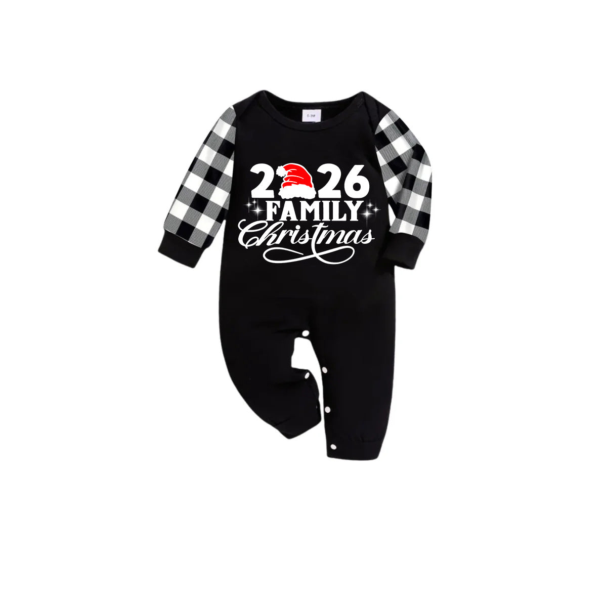 "2026 Family Christmas" Letter Print Black Long Sleeve Top with Black And White Plaid Pants Family Matching Pajamas