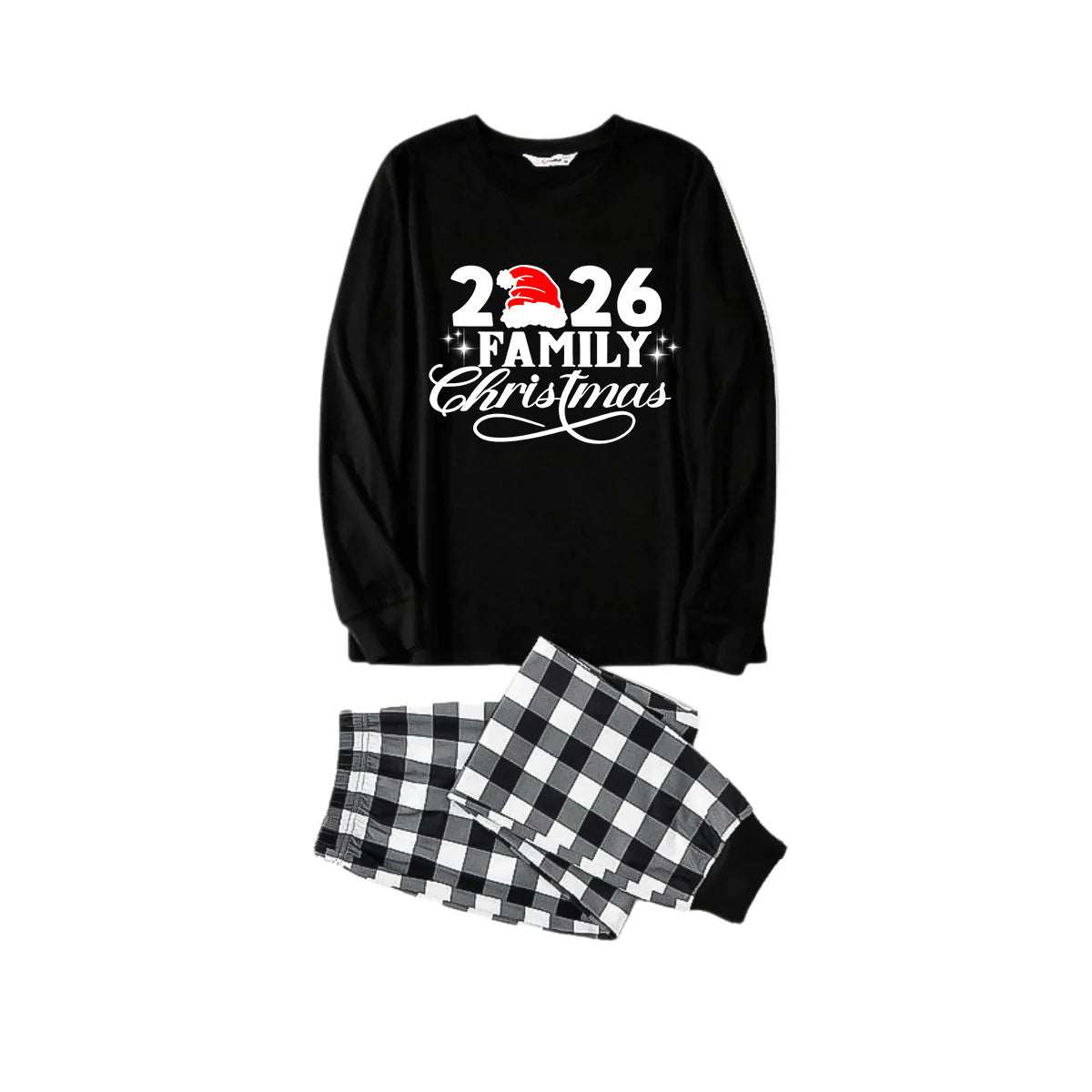 "2026 Family Christmas" Letter Print Black Long Sleeve Top with Black And White Plaid Pants Family Matching Pajamas