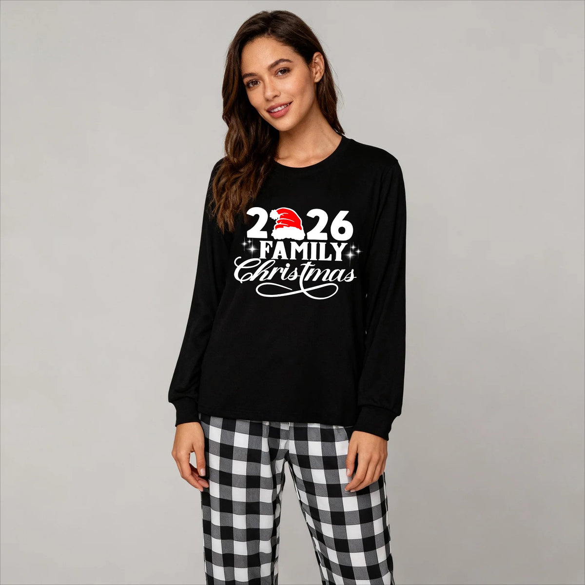 "2026 Family Christmas" Letter Print Black Long Sleeve Top with Black And White Plaid Pants Family Matching Pajamas